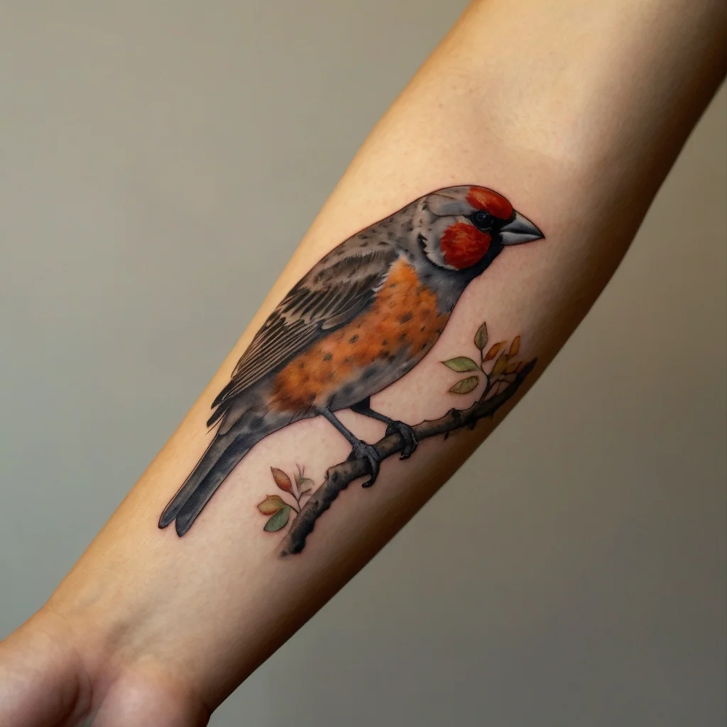 A realistic tattoo of a bird with orange and gray plumage perched on a branch, accented with small green leaves.