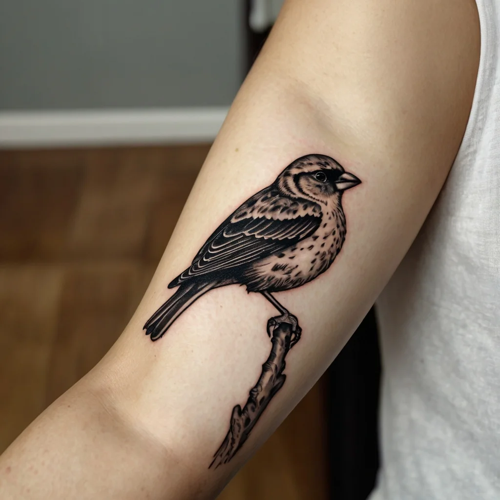 Tattoo of a detailed black and gray bird perched on a branch, featuring fine line shading and dot work detailing.