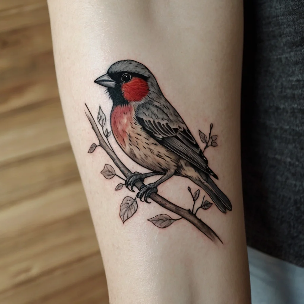 A vivid tattoo of a finch perched on a branch, highlighting its red breast and intricate feather details.