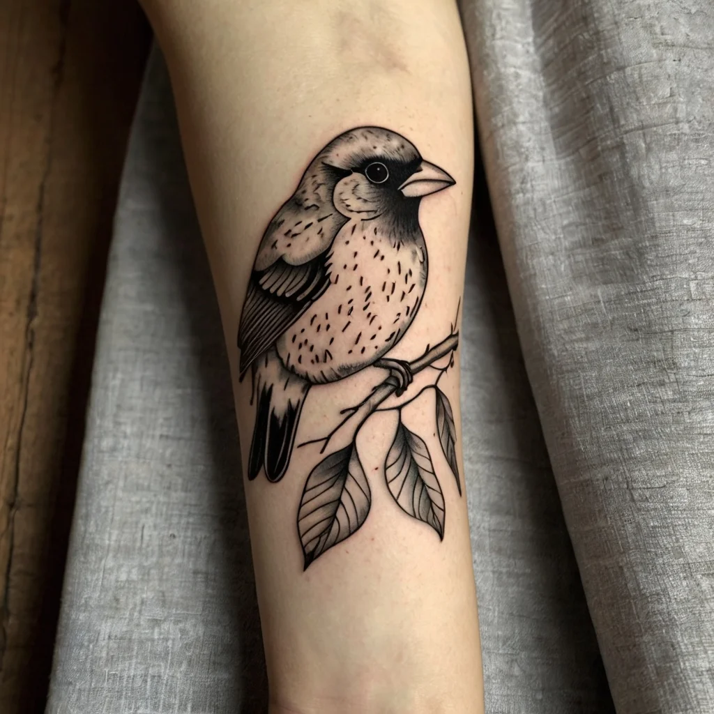 A detailed black and gray tattoo of a sparrow perched on a branch, with intricate shading and linework on the leaves.