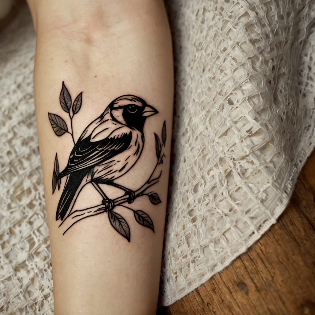 Tattoo of a stylized bird perched on a branch, with delicate leaves, in bold black ink on forearm.