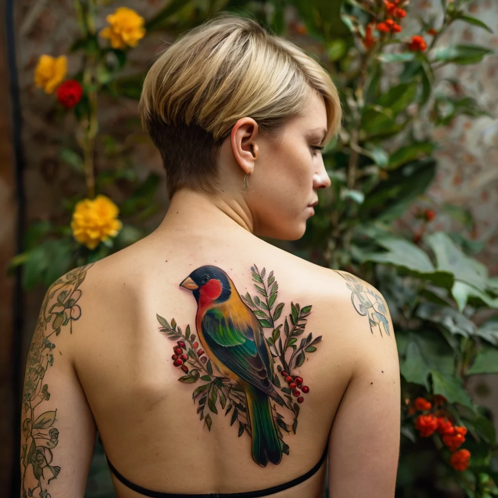 A vibrant bird tattoo on the upper back, surrounded by leafy branches and red berries, showcasing detailed color realism.