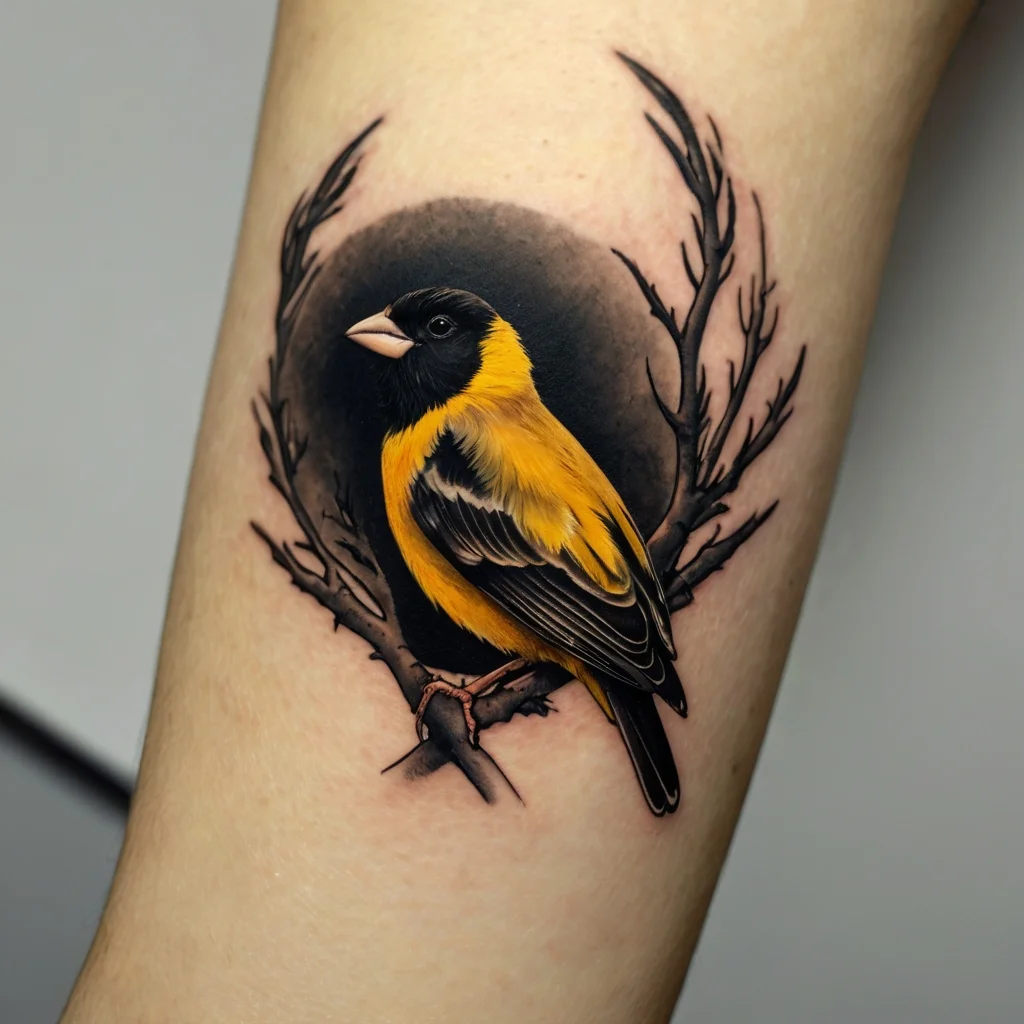 A realistic yellow and black bird tattoo perched on a branch, framed by silhouette branches and a shadowed background.