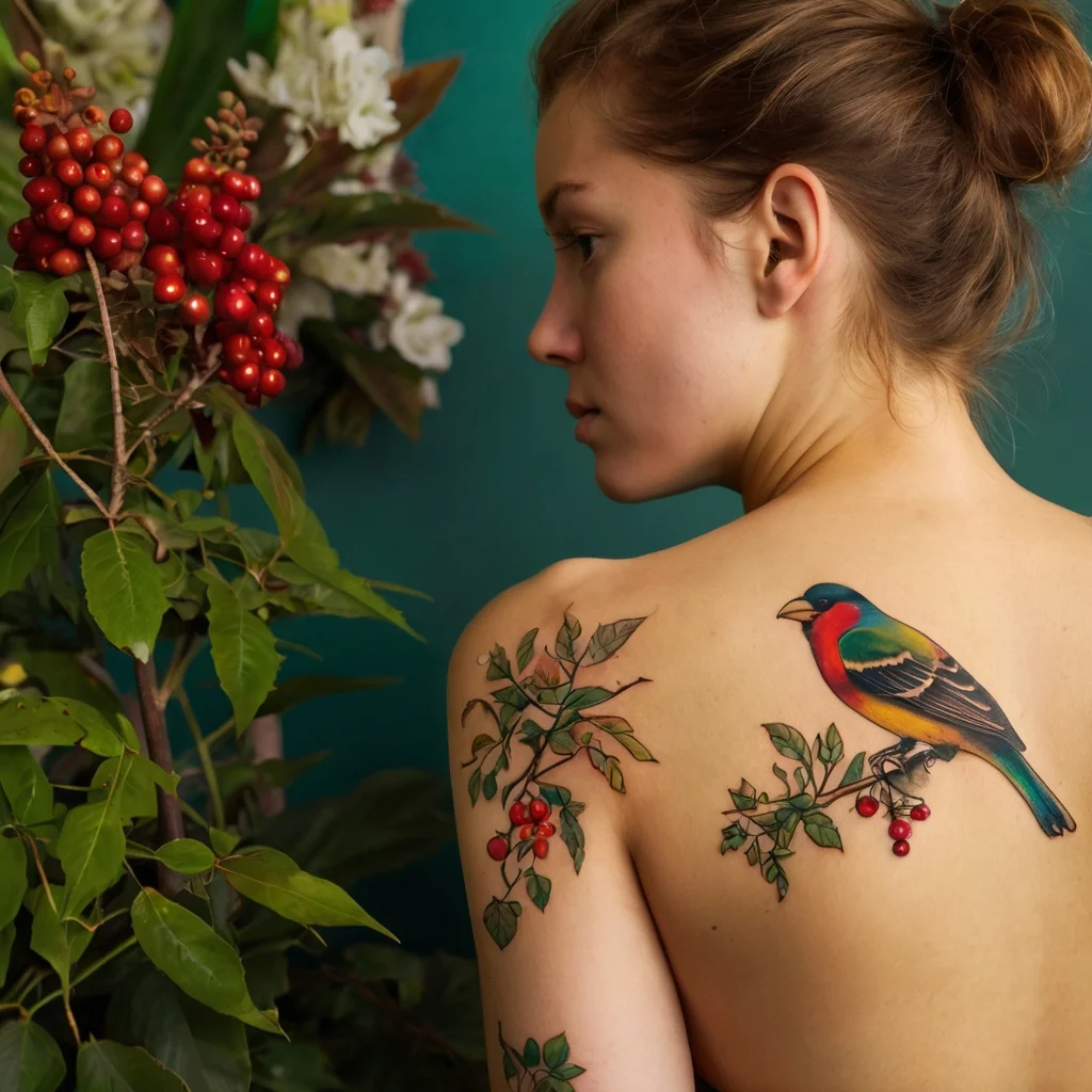 Colorful bird perched on berry branch tattoo, vibrant reds, blues, and greens, on woman's shoulder symbolizing nature.