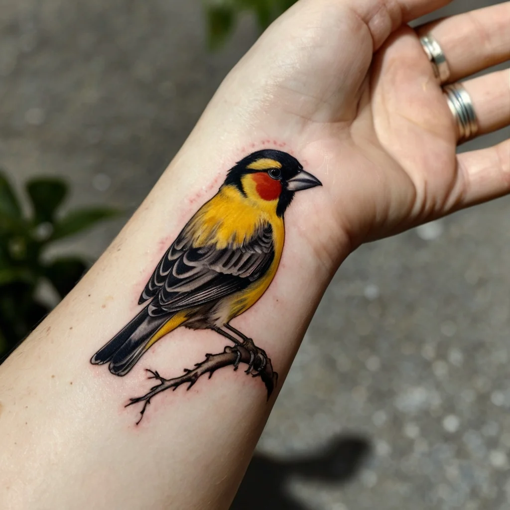 Realistic yellow and black bird tattoo with red accents, perched on a branch on the forearm.