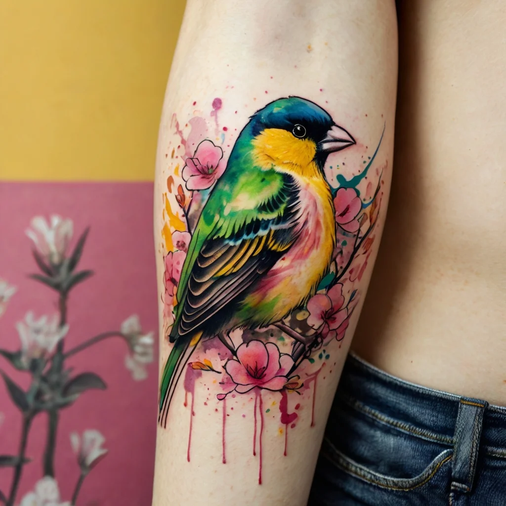 Colorful bird tattoo with vibrant greens and yellows, surrounded by pink cherry blossoms and splashes of watercolor.