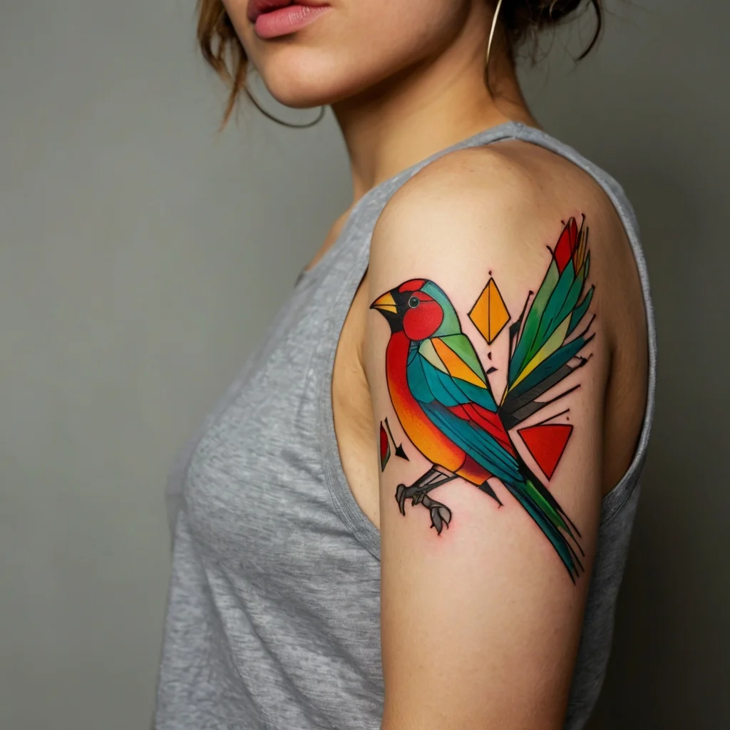 Geometric bird tattoo in vibrant colors features sharp shapes and seamless gradients, creating a striking modern look.