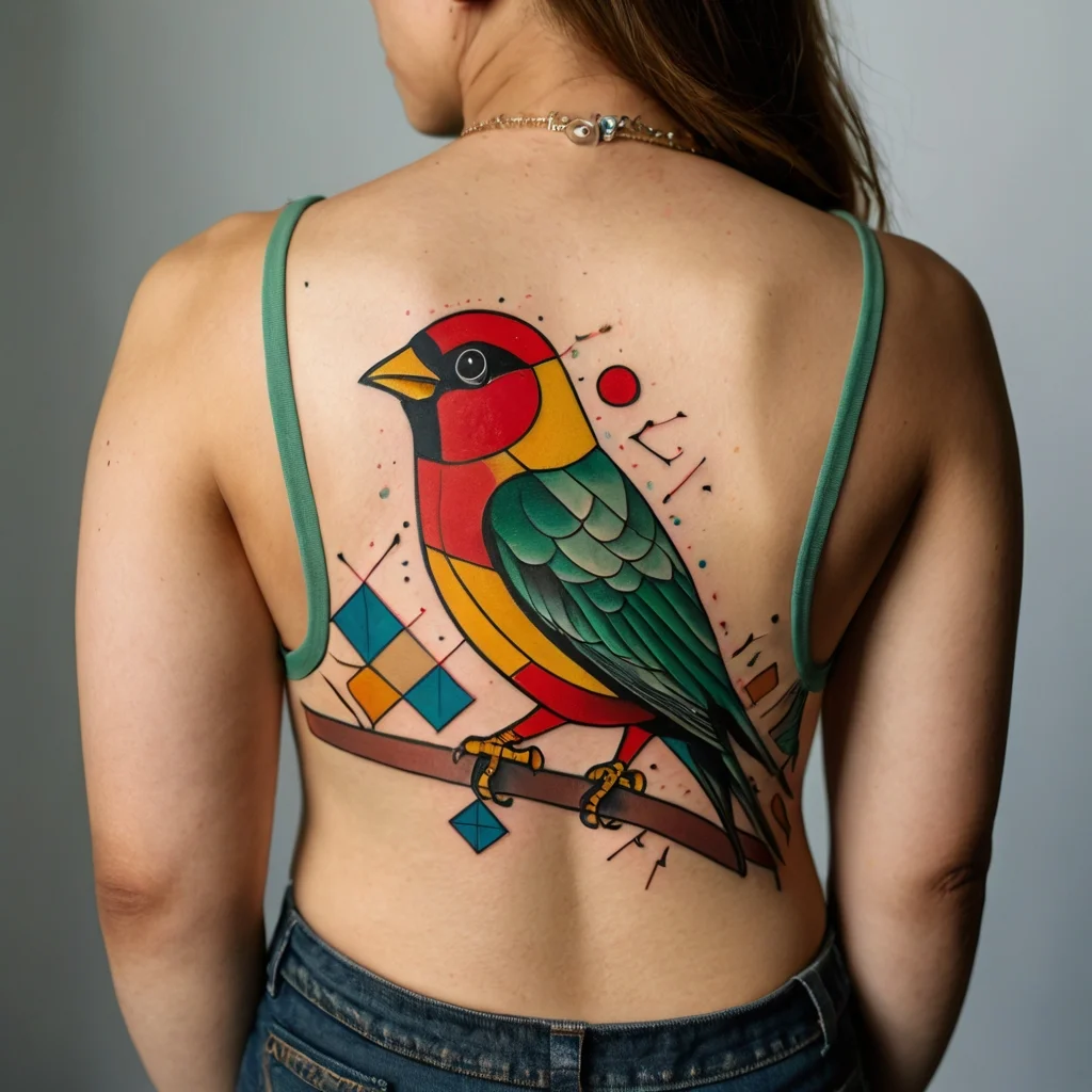 Geometric bird tattoo in vibrant colors, featuring red, yellow, green, and blue shapes, with abstract accents.