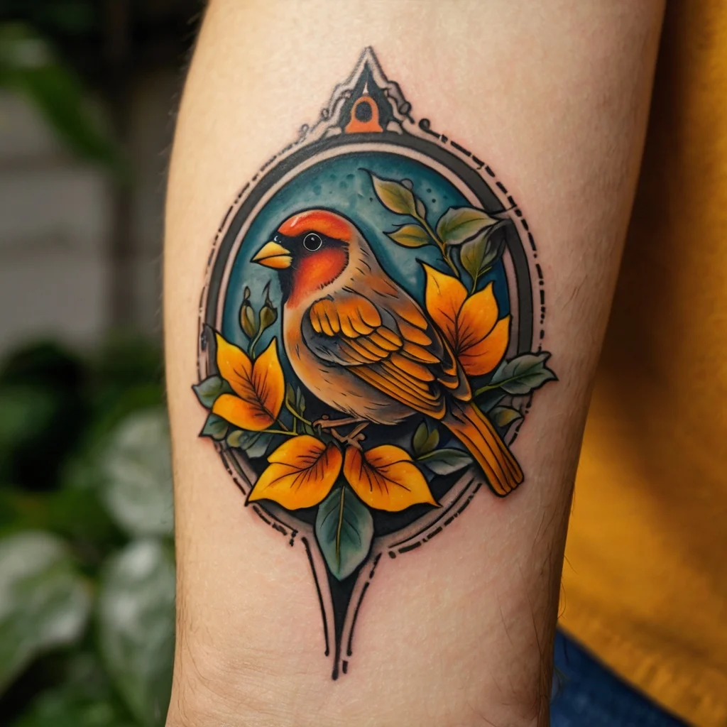 Colorful tattoo of a vibrant bird perched among yellow flowers, framed by intricate black linework and a teal background.