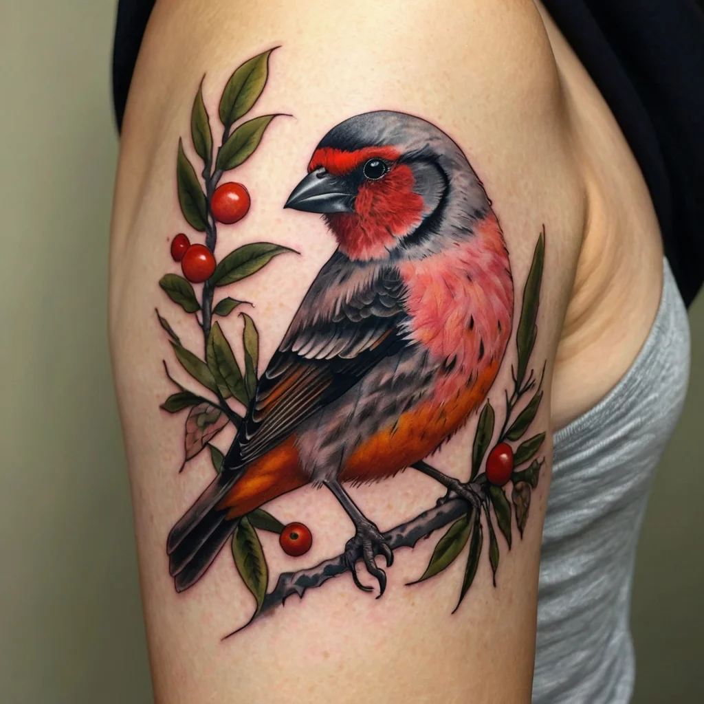 Realistic bird tattoo with vibrant pink and orange tones, perched on a branch with green leaves and red berries.