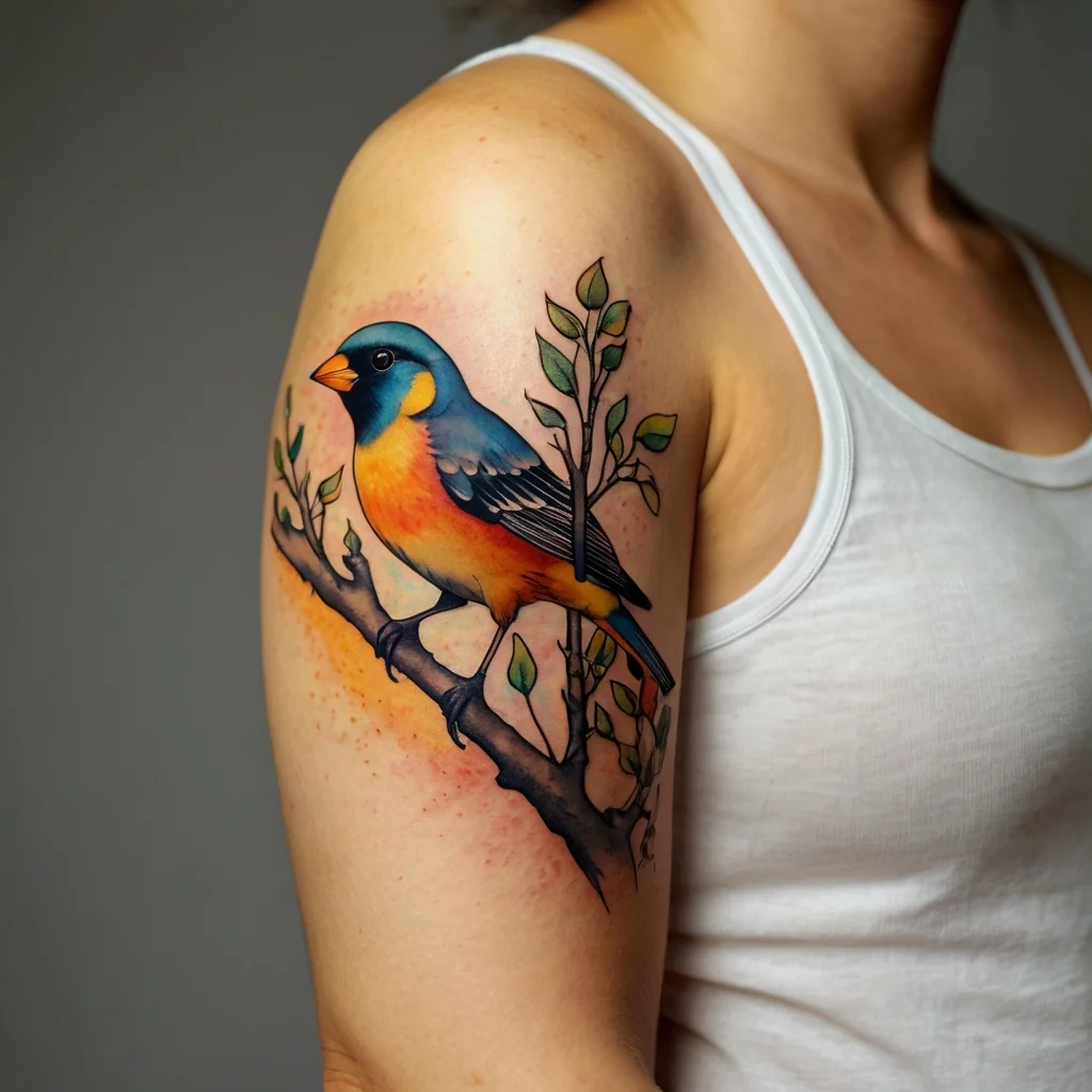 Brightly colored bird tattoo with blue and orange hues on a branch, surrounded by delicate leaves; vibrant detailing.