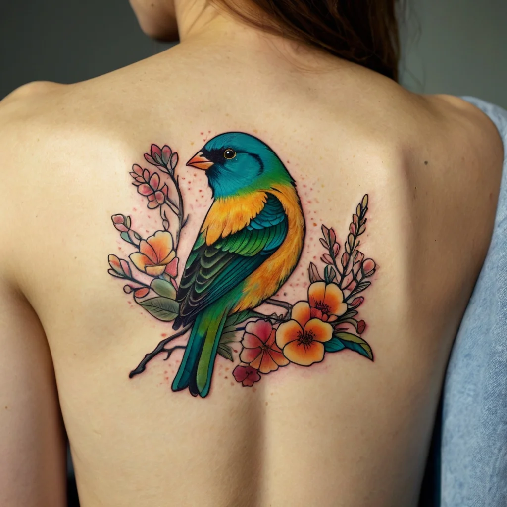 Vibrant bird tattoo on back, with colorful plumage, perched among orange and pink flowers: a blend of nature and art.