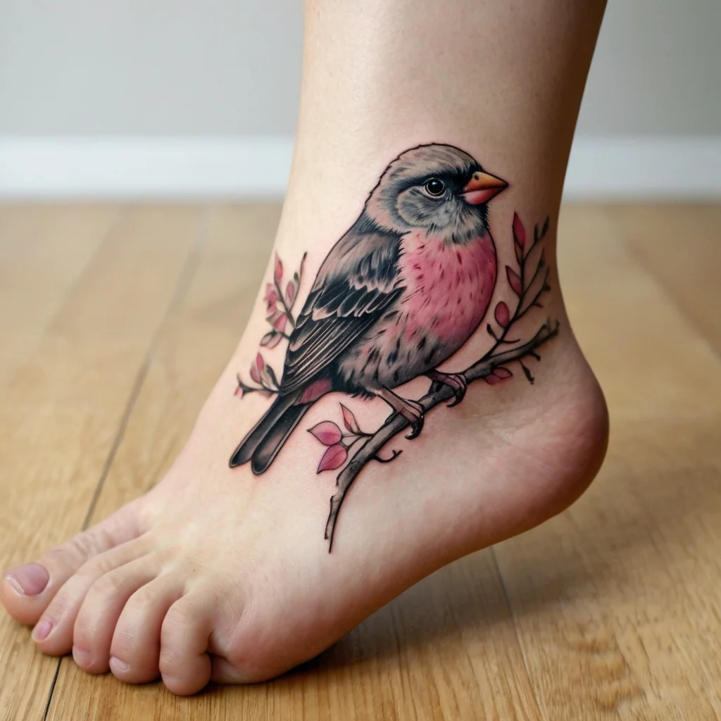 Tattoo of a realistic bird with a pink chest perched on a branch, surrounded by leaves, on the side of the foot.