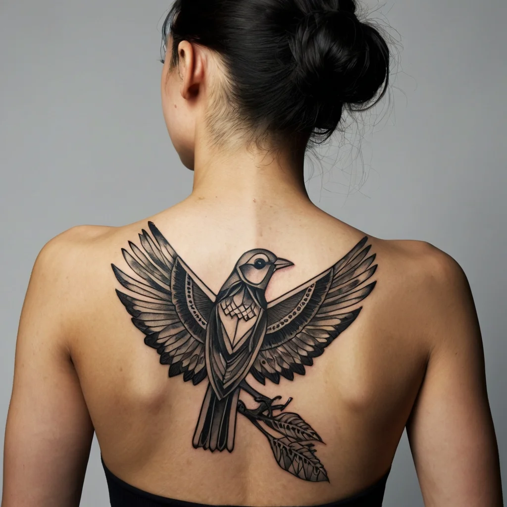 Geometric bird tattoo with outstretched wings on the back, featuring intricate linework and leaf details.