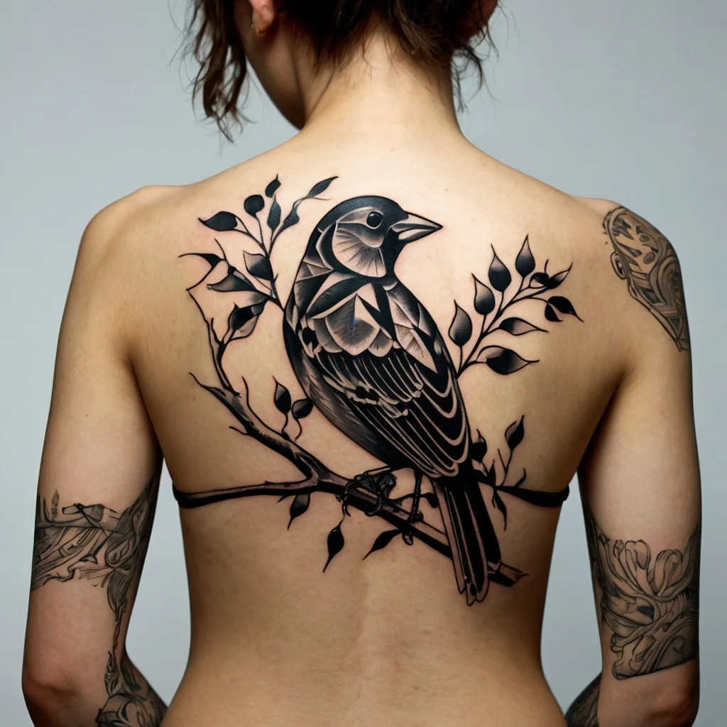 Intricate geometric bird tattoo on back, perched on a branch with leaves, featuring detailed shading and bold lines.