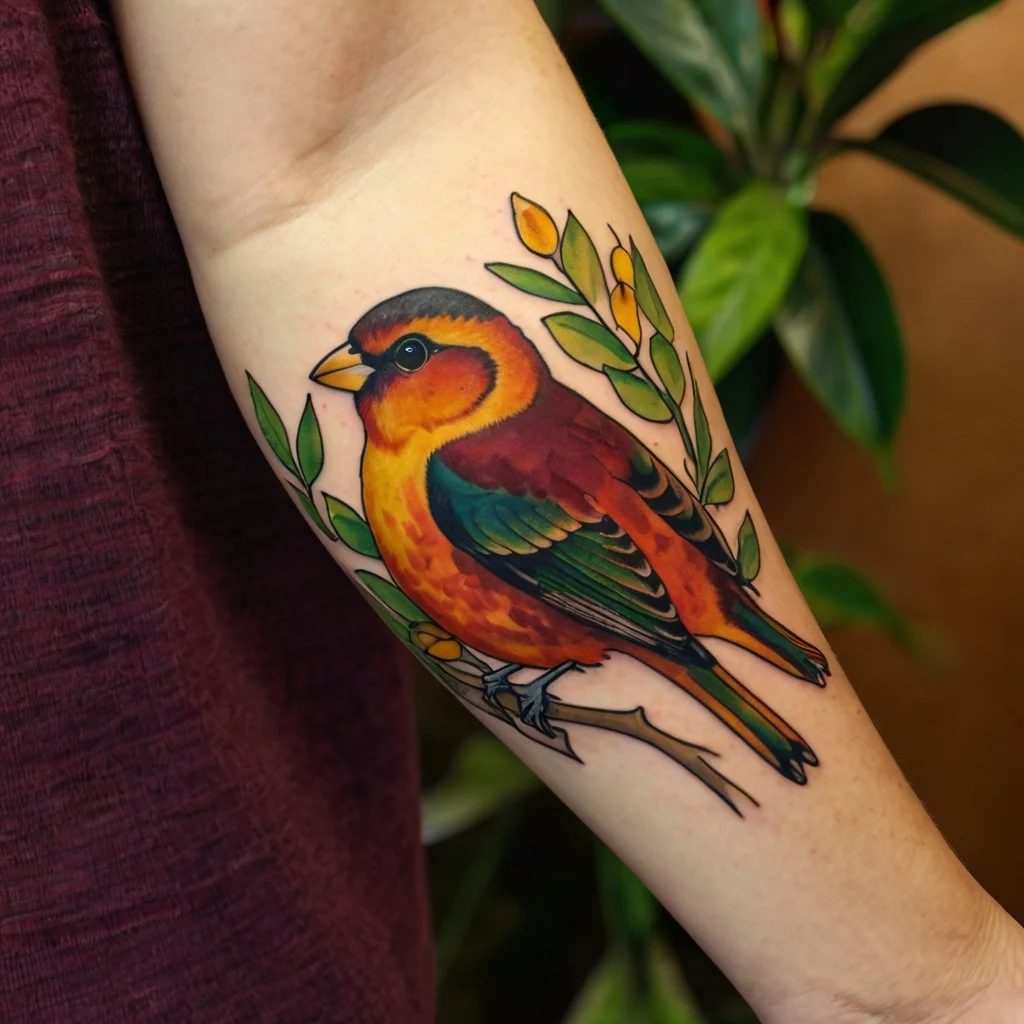 Colorful bird tattoo with vibrant oranges and greens, perched on a branch with leaves, on an inner forearm.