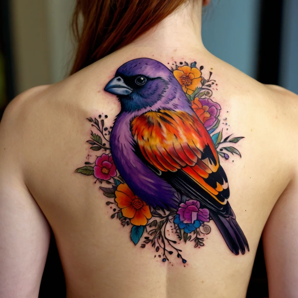 Vibrant bird tattoo on the back, featuring purple and orange plumage, surrounded by colorful flowers and leafy accents.