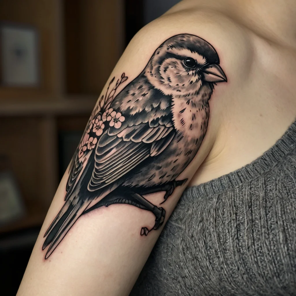 Tattoo of a detailed sparrow perched on a branch with cherry blossoms, combining realism and soft shading on the shoulder.