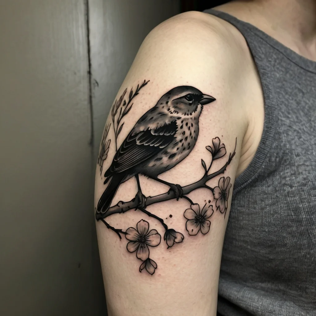 Black and gray tattoo of a bird perched on a branch with delicate flowers and leaves, placed on the upper arm.