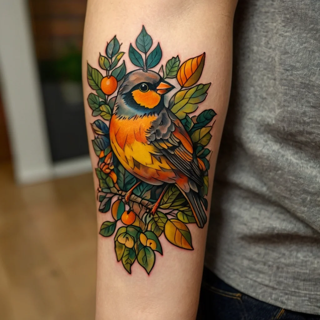 Colorful bird tattoo perched on leafy branch, featuring bold oranges, yellows, and greens, with intricate detailing.