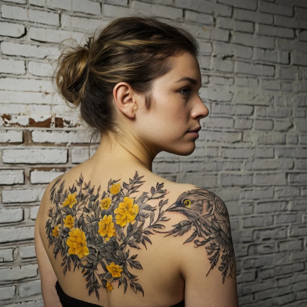 Tattoo of vibrant yellow flowers and intricate leaves, with a detailed bird, gracing the shoulder and upper back.