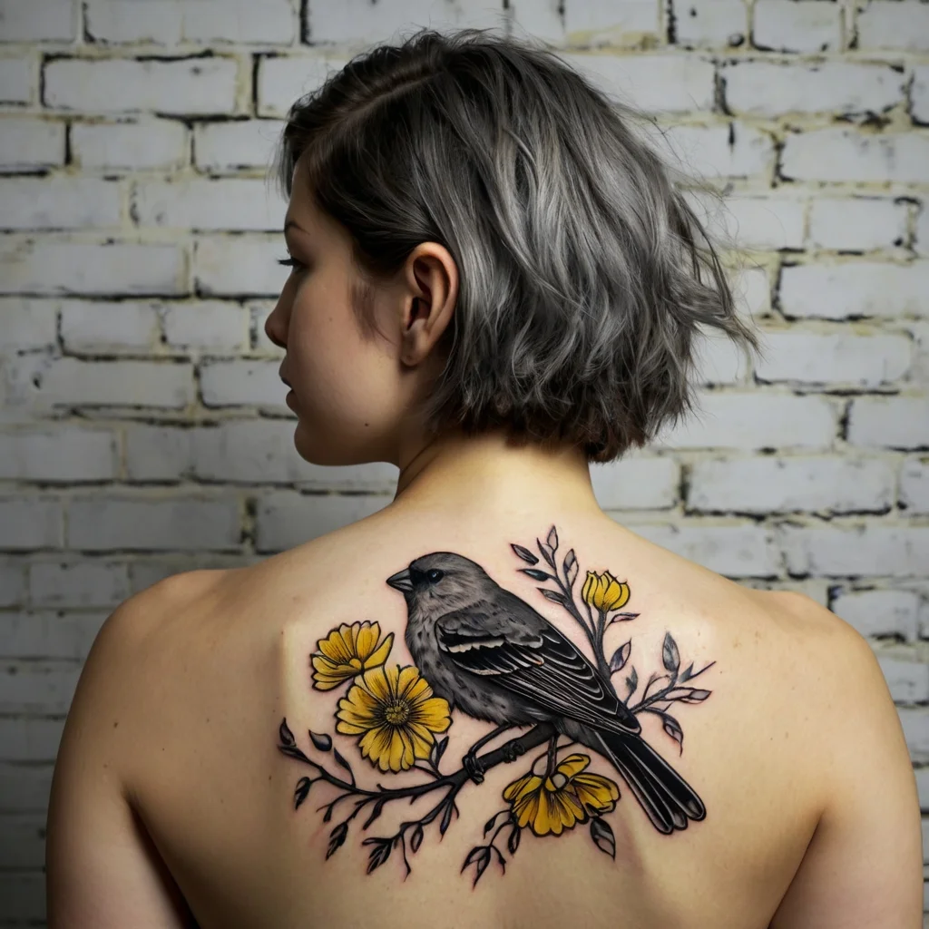 Tattoo of a realistic gray bird perched on a branch with vibrant yellow flowers, set on upper back against a brick wall.