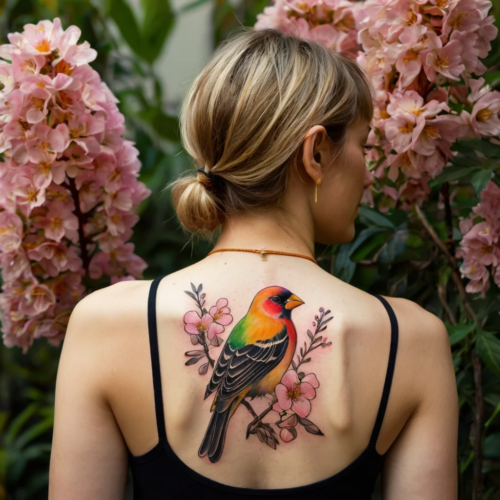 Colorful bird tattoo with vibrant green, yellow, and orange plumage perched on pink cherry blossoms on a woman's back.