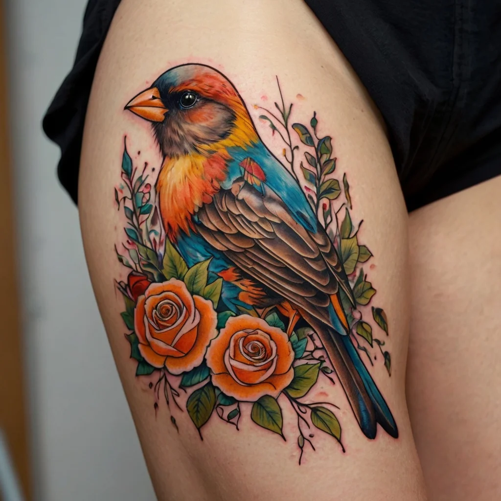 Colorful bird tattoo with intricate details, surrounded by vibrant orange roses and green foliage on upper thigh.