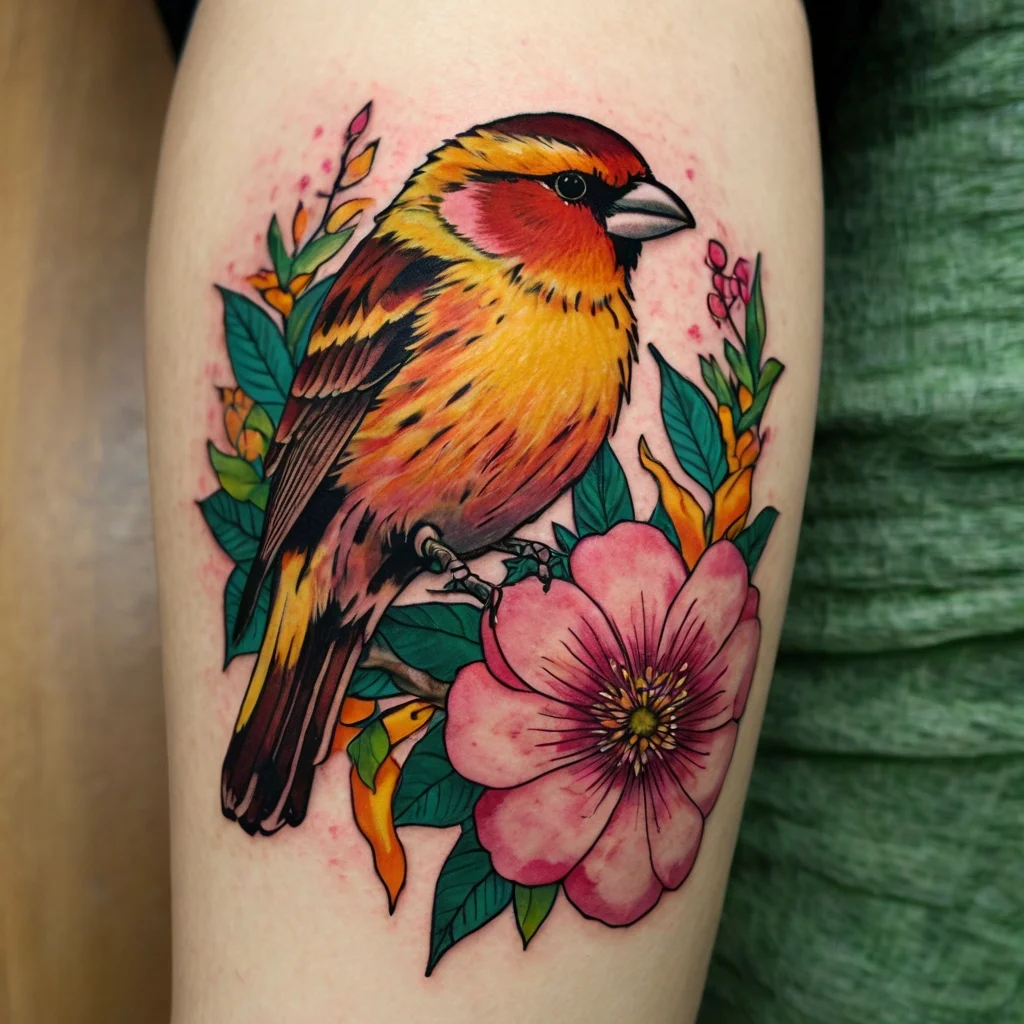 Colorful bird tattoo perched on a branch with vibrant pink flowers and lush green leaves in a realistic style.