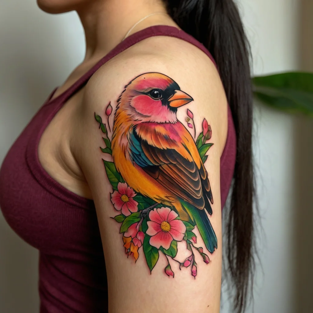 Vibrant bird tattoo with pink and yellow plumage, surrounded by delicate pink flowers and green leaves on upper arm.