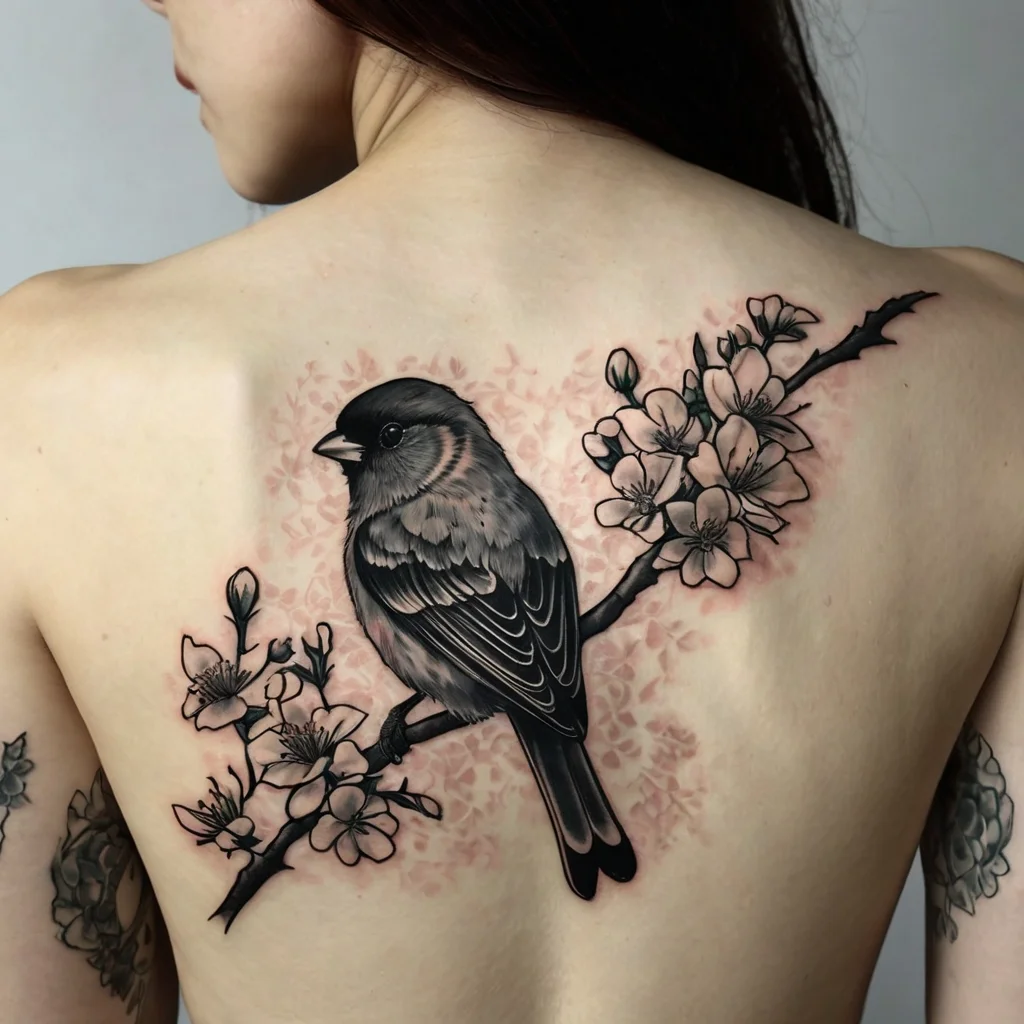 Tattoo of a realistic bird perched on a cherry blossom branch, detailed in grayscale with subtle pink background shading.