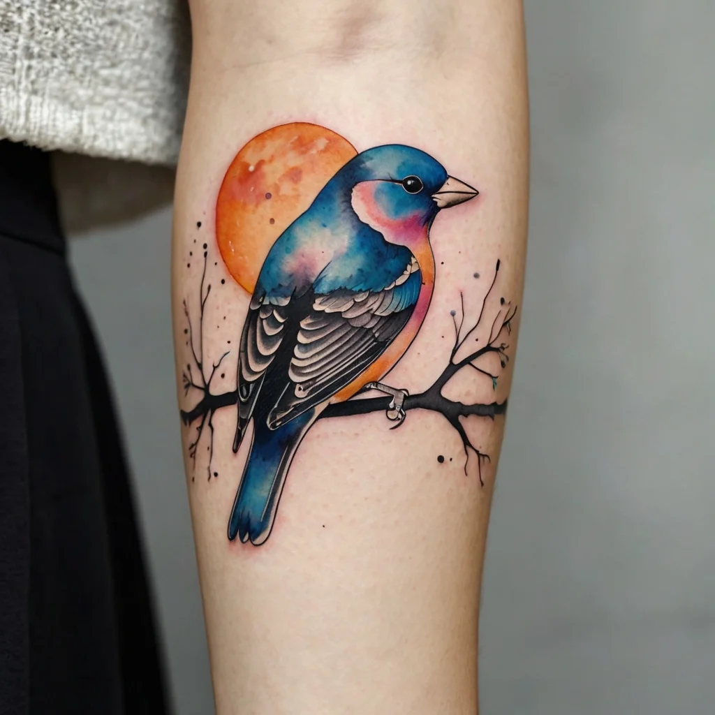 Tattoo of a blue bird perched on branch with a vibrant orange sun as the backdrop, detailed in watercolor style.