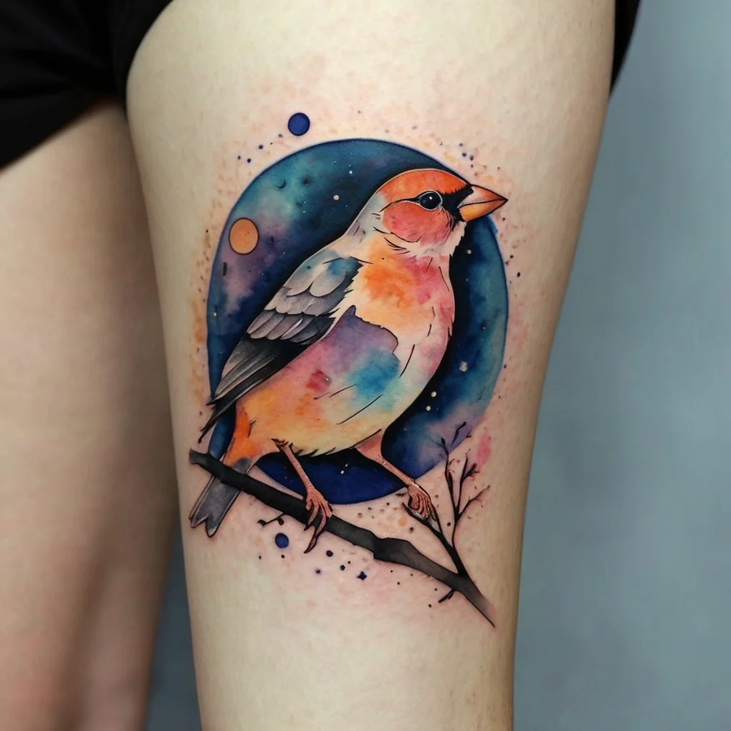 Watercolor tattoo of a bird perched on a branch with vivid colors, set against a celestial background.