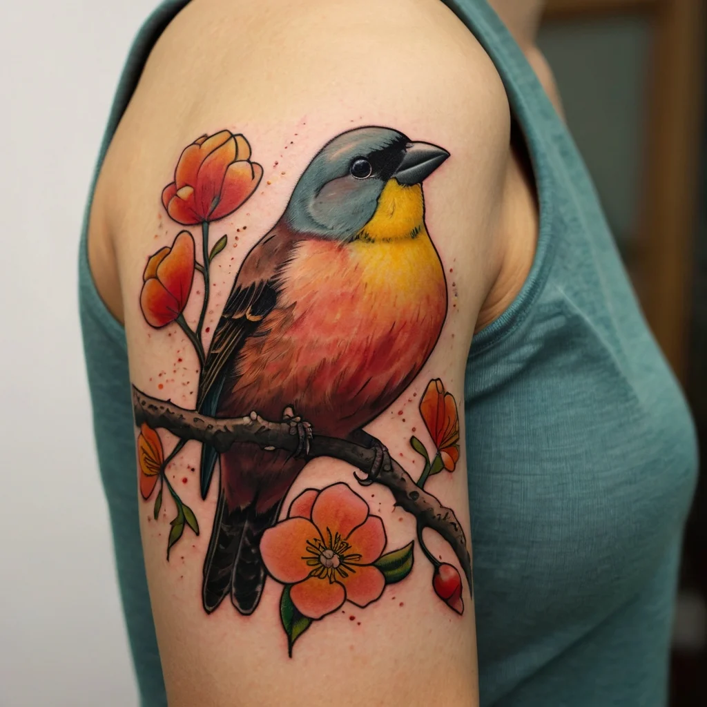 Colorful bird tattoo on upper arm features a vibrant finch on a branch, surrounded by orange blossoms and leaves.