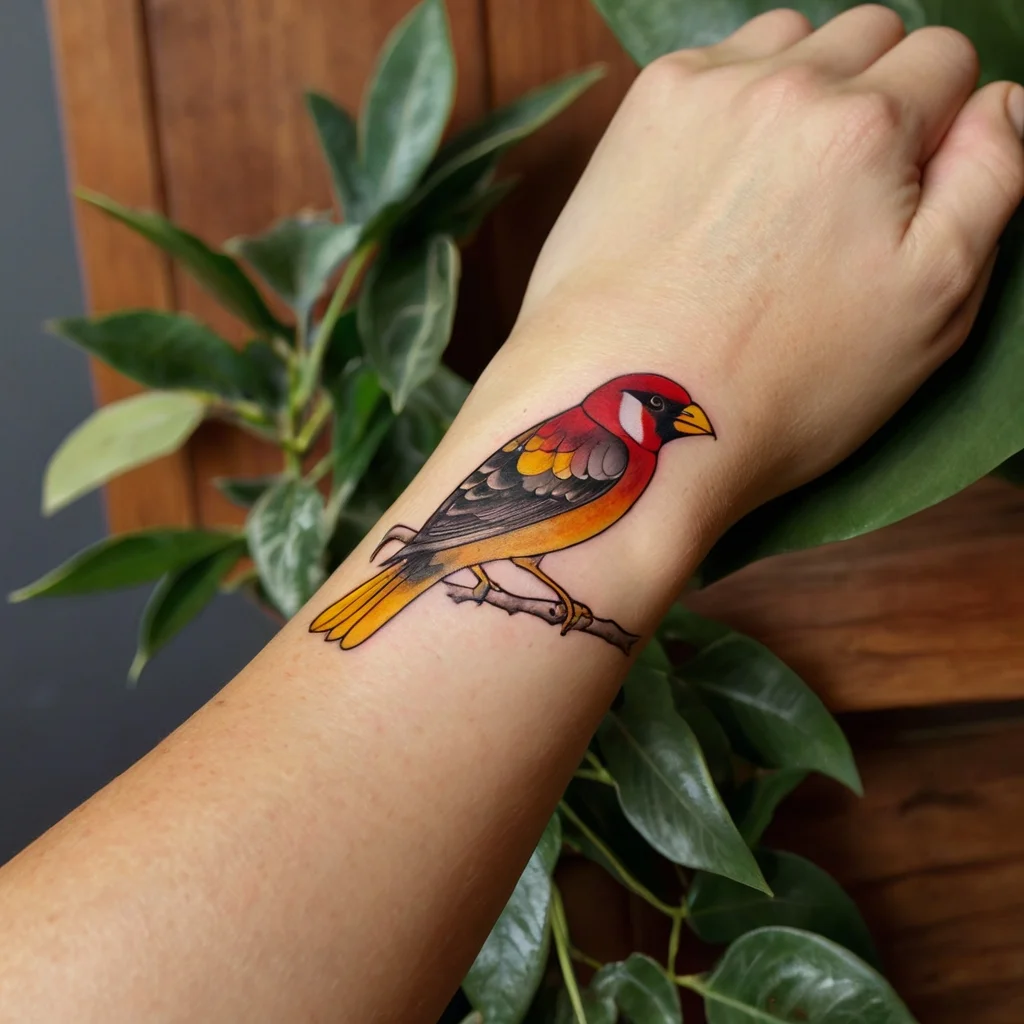 Colorful bird tattoo on wrist, featuring detailed red, yellow, and black plumage, perched on a branch.