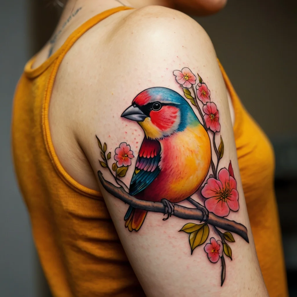 Vibrant bird tattoo on arm, perched on a branch with pink cherry blossoms, showcasing colorful feathers and bold outlines.