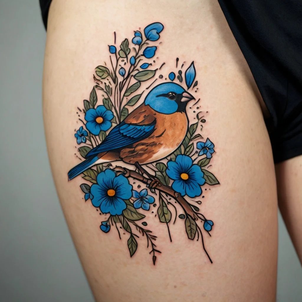 A vibrant tattoo of a blue and orange bird perched on a branch surrounded by blooming blue flowers and green leaves.