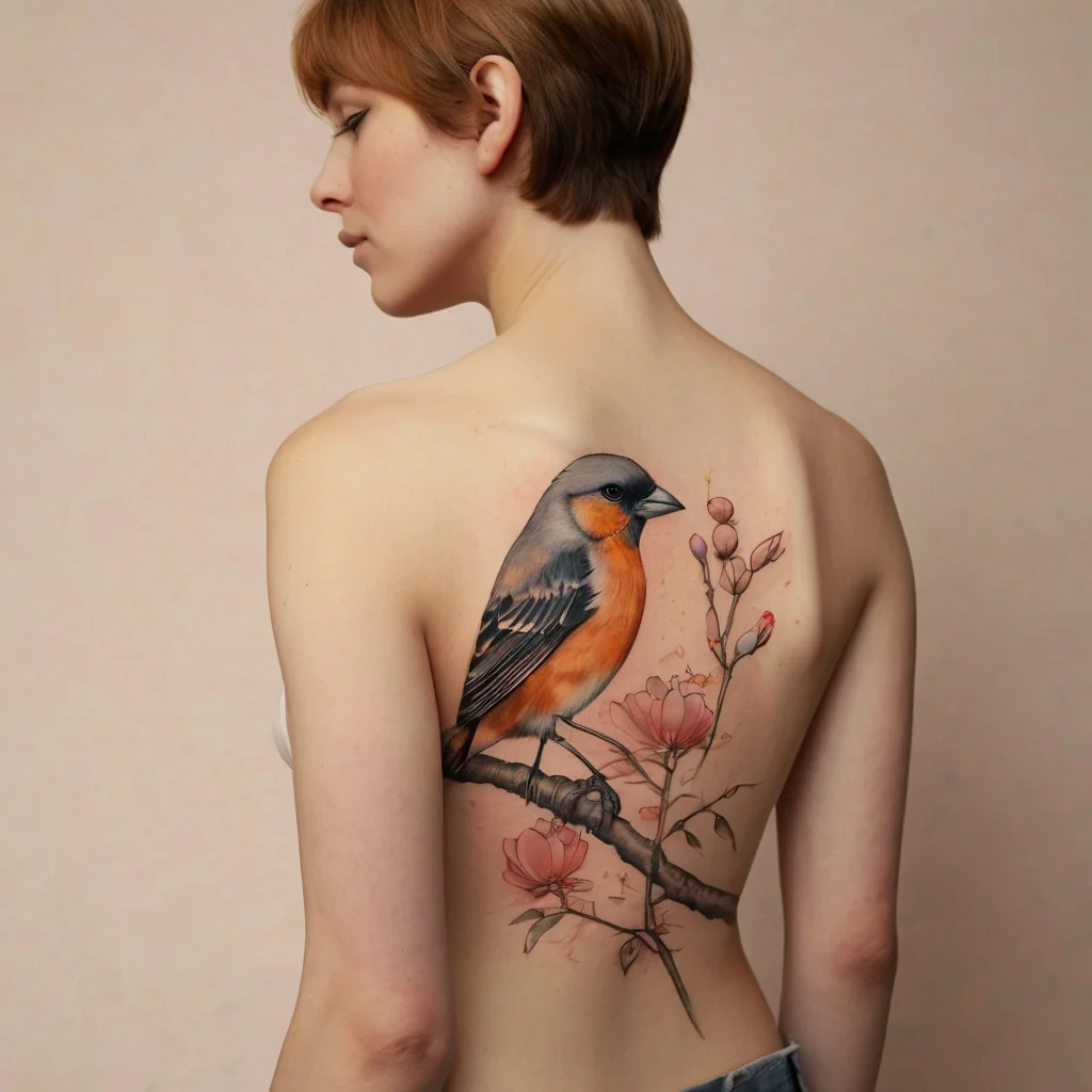 Realistic bird and flower back tattoo, depicting a vibrant orange and gray bird perched on a branch with pink flowers.