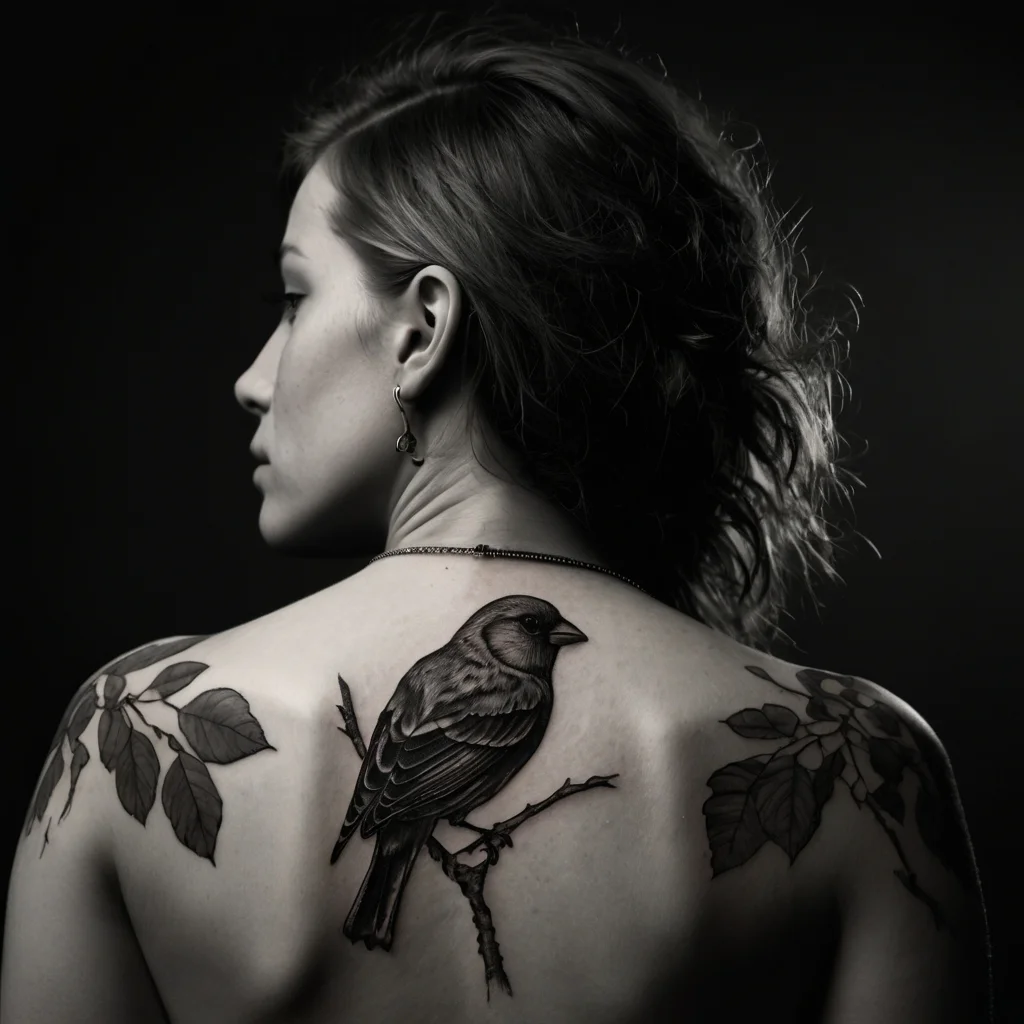 Tattoo of a realistic bird perched on a branch, centered on the back, surrounded by detailed leaves on shoulders.