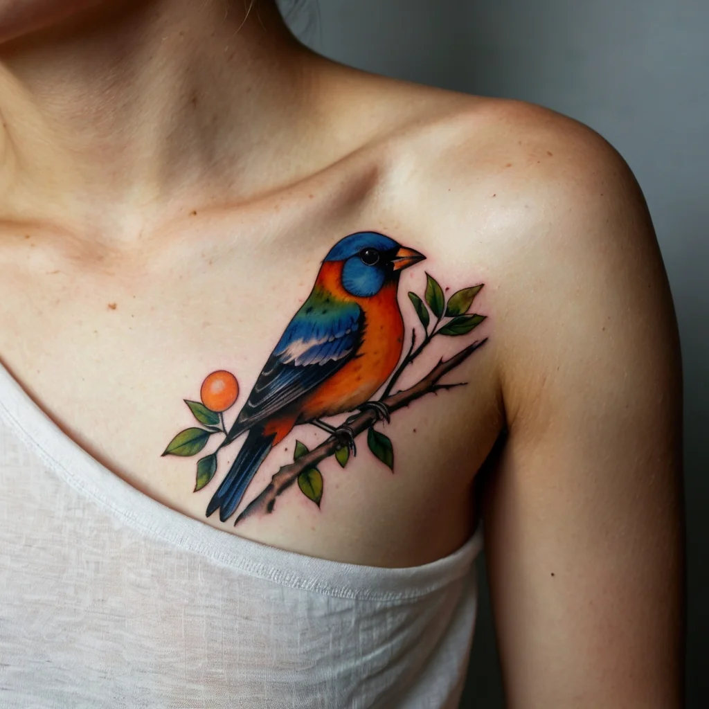 Colorful bird tattoo on shoulder with vibrant blues and oranges perched on a branch with green leaves and small fruit.