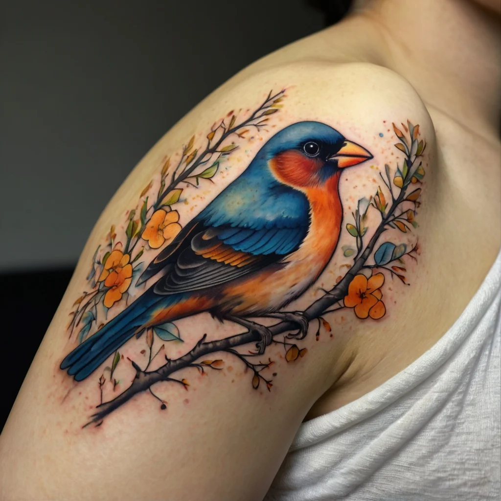 Colorful bird tattoo with blue and orange feathers, perched on a branch, surrounded by vibrant orange flowers on the shoulder.