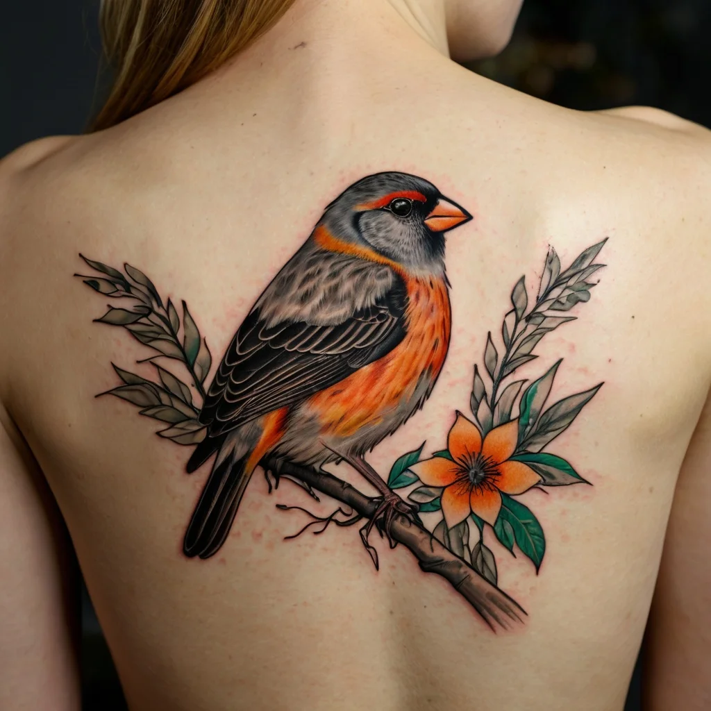 Tattoo of a vibrant bird perched on a branch with orange flowers and green leaves, showcasing intricate details and colors.