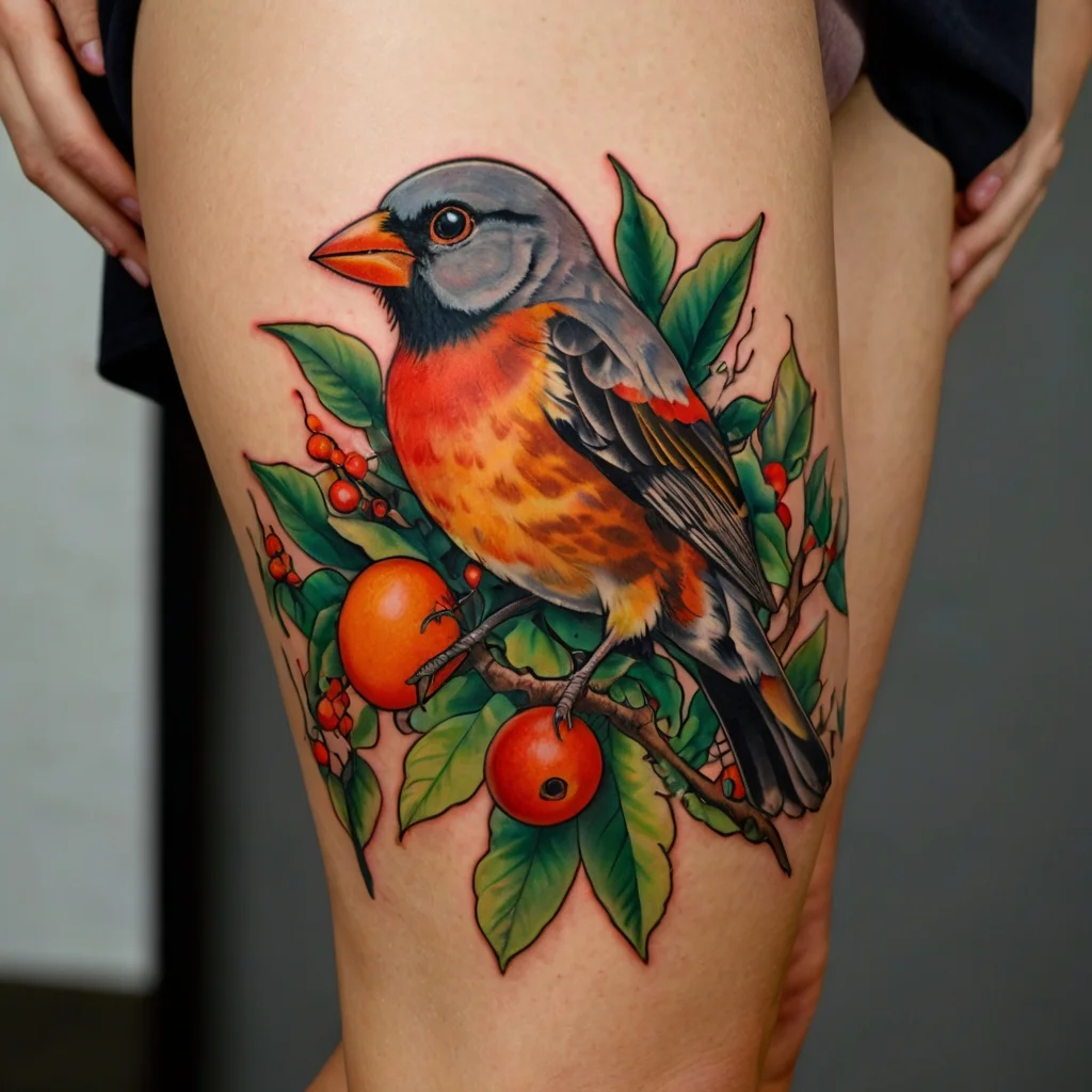 Vivid robin tattoo with orange chest perched on leafy branch with berries and fruits, creating a vibrant nature scene.