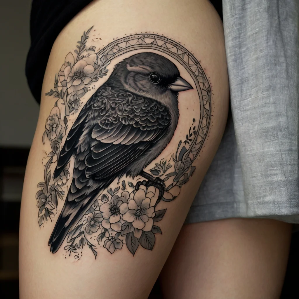 Detailed black and gray bird tattoo with floral accents and geometric circle design on thigh.