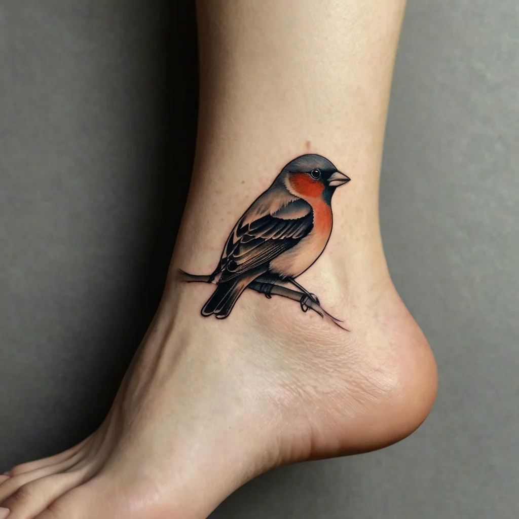 Colorful bird tattoo on the ankle, featuring a realistic sparrow with vibrant red and blue hues, perched on a branch.