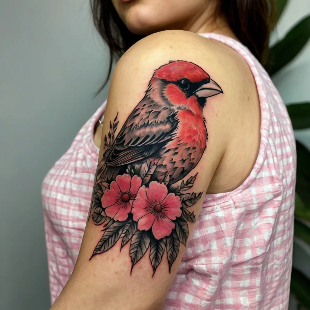 Realistic tattoo of a vibrant red bird perched above pink flowers and green leaves on an upper arm.