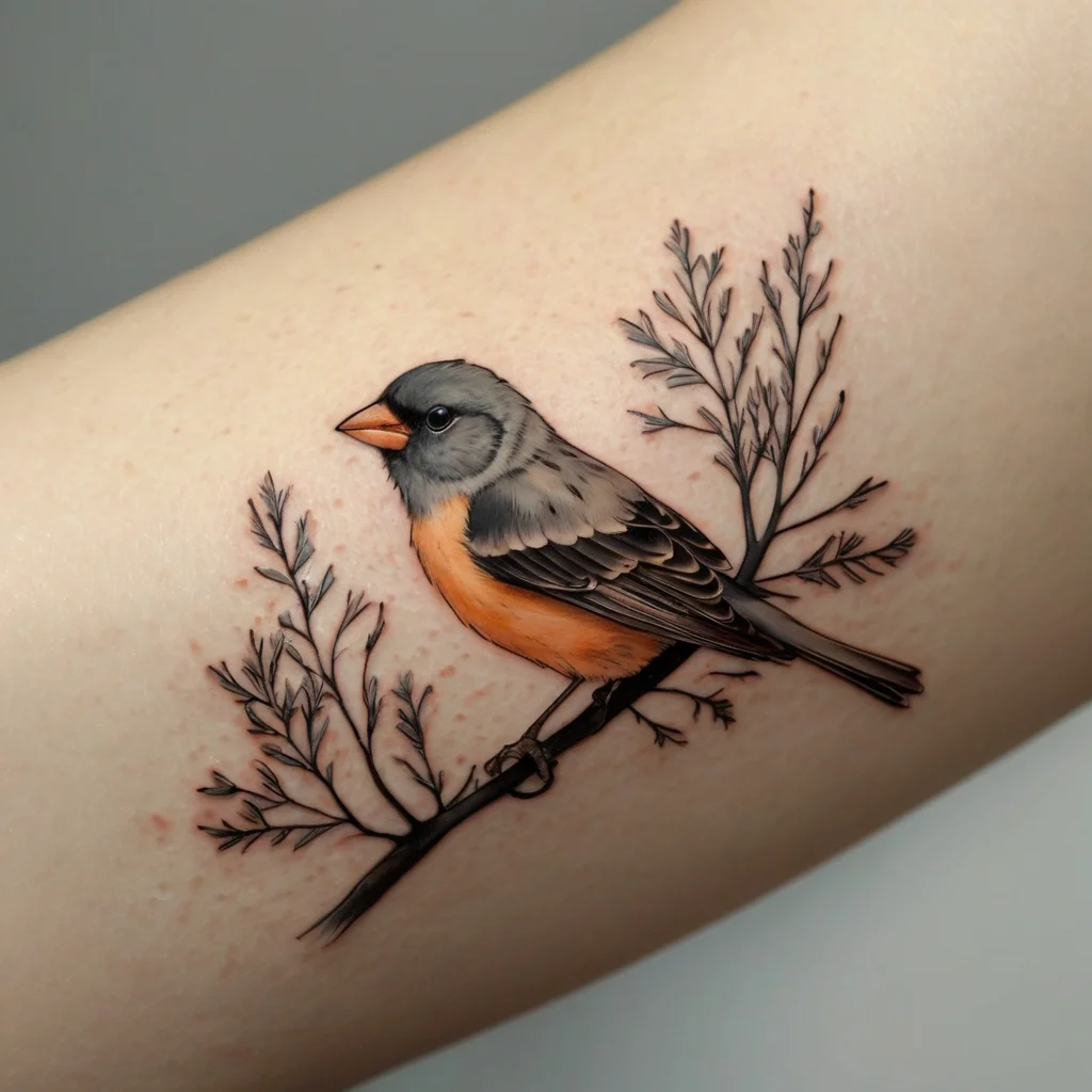 A vibrant bird tattoo, with orange and gray hues, perches on a delicate branch surrounded by intricate foliage.