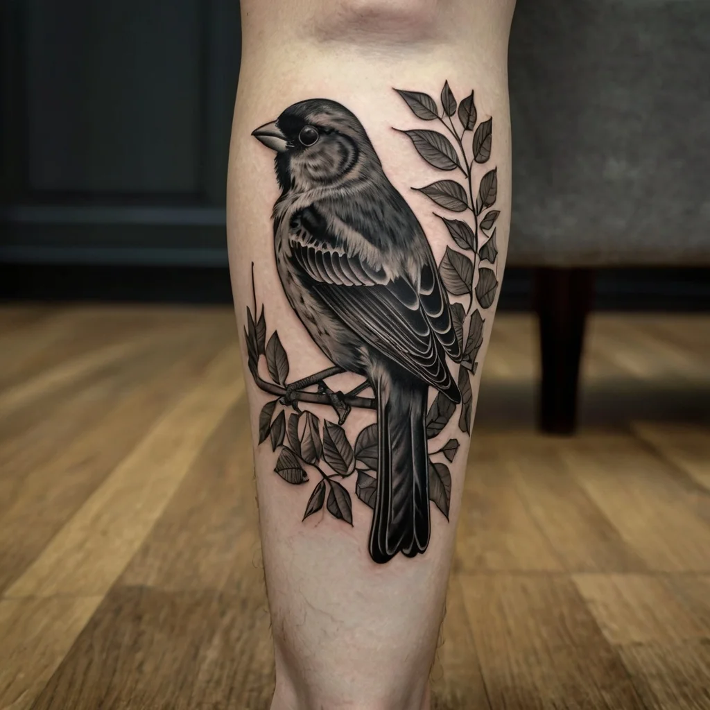 Detailed grayscale tattoo of a sparrow on a branch with leaves, showcasing intricate shading and realistic features.