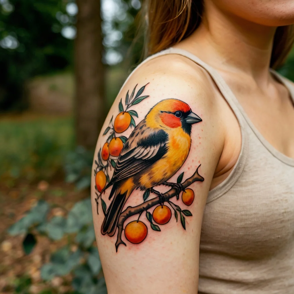 A vibrant bird perched on a branch with oranges, showcasing detailed feather work and vivid colors on the upper arm.