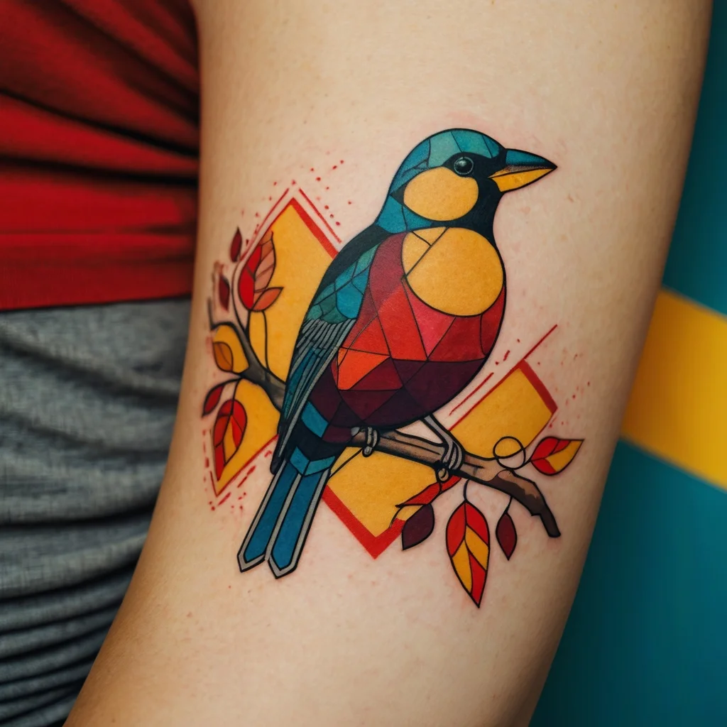 Geometric tattoo of a colorful bird on a branch with abstract shapes, featuring vibrant shades of blue, red, and yellow.